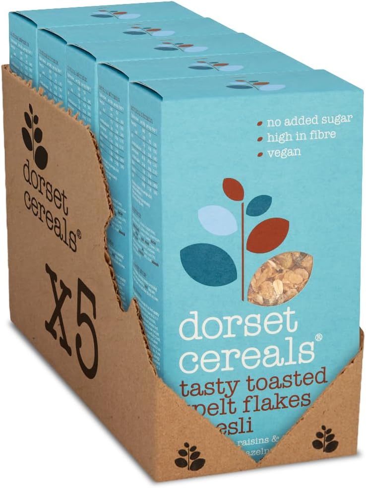 Cereals Tasty Toasted Spelt Flakes Muesli - No Added Sugar Breakfast Cereal - Made with Raisins, Hazelnuts and Almonds - Vegan & Naturally High Fibre Cereal - 570g (Pack of 5 x 570g)