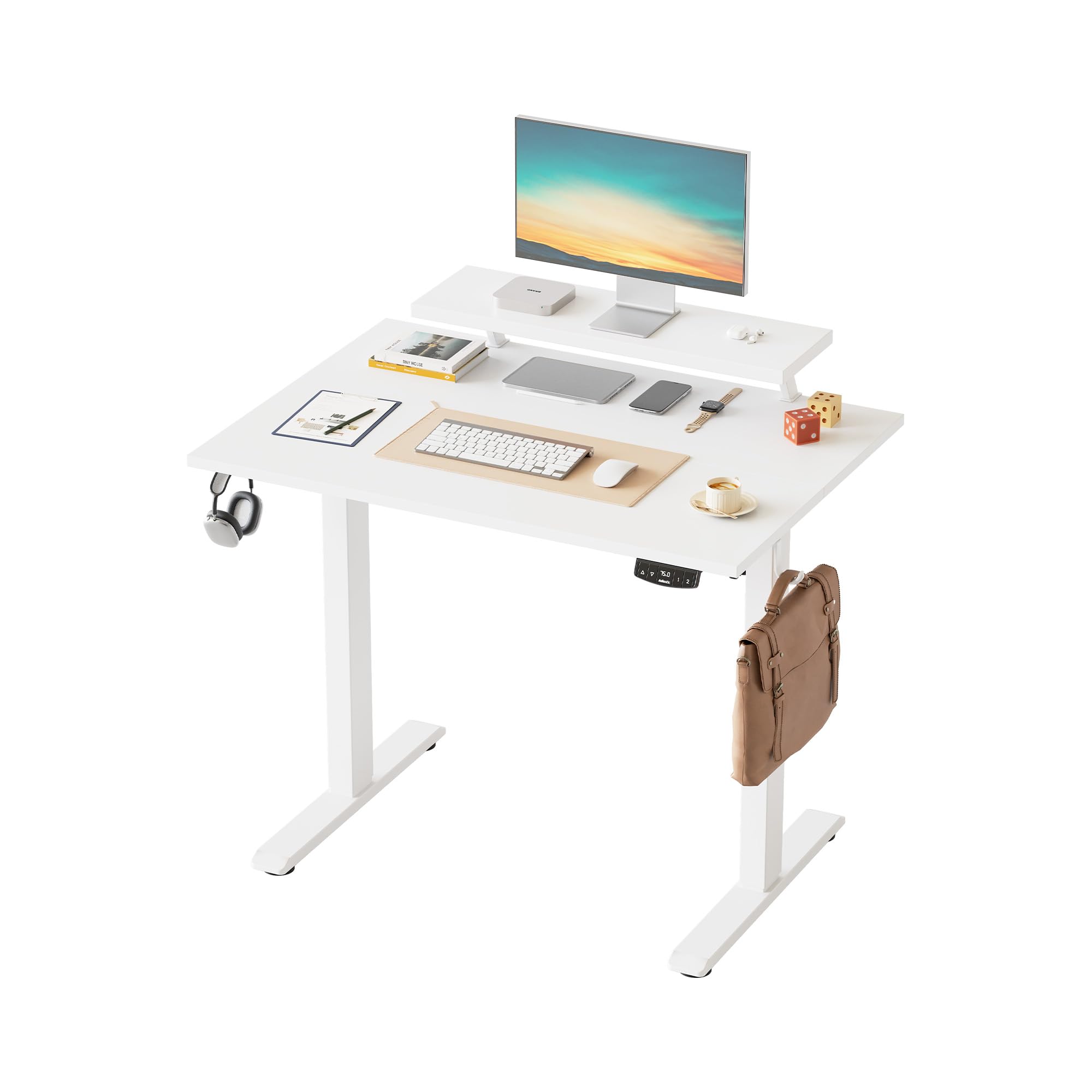 Klicelor Höhenverstellbarer Schreibtisch mit beweglichem Monitorständer, 100x60cm, Sitz-Steh-Schreibtisch mit 2 Speichertasten, 2-teiligen Tischplatte, Computertisch, Weiß