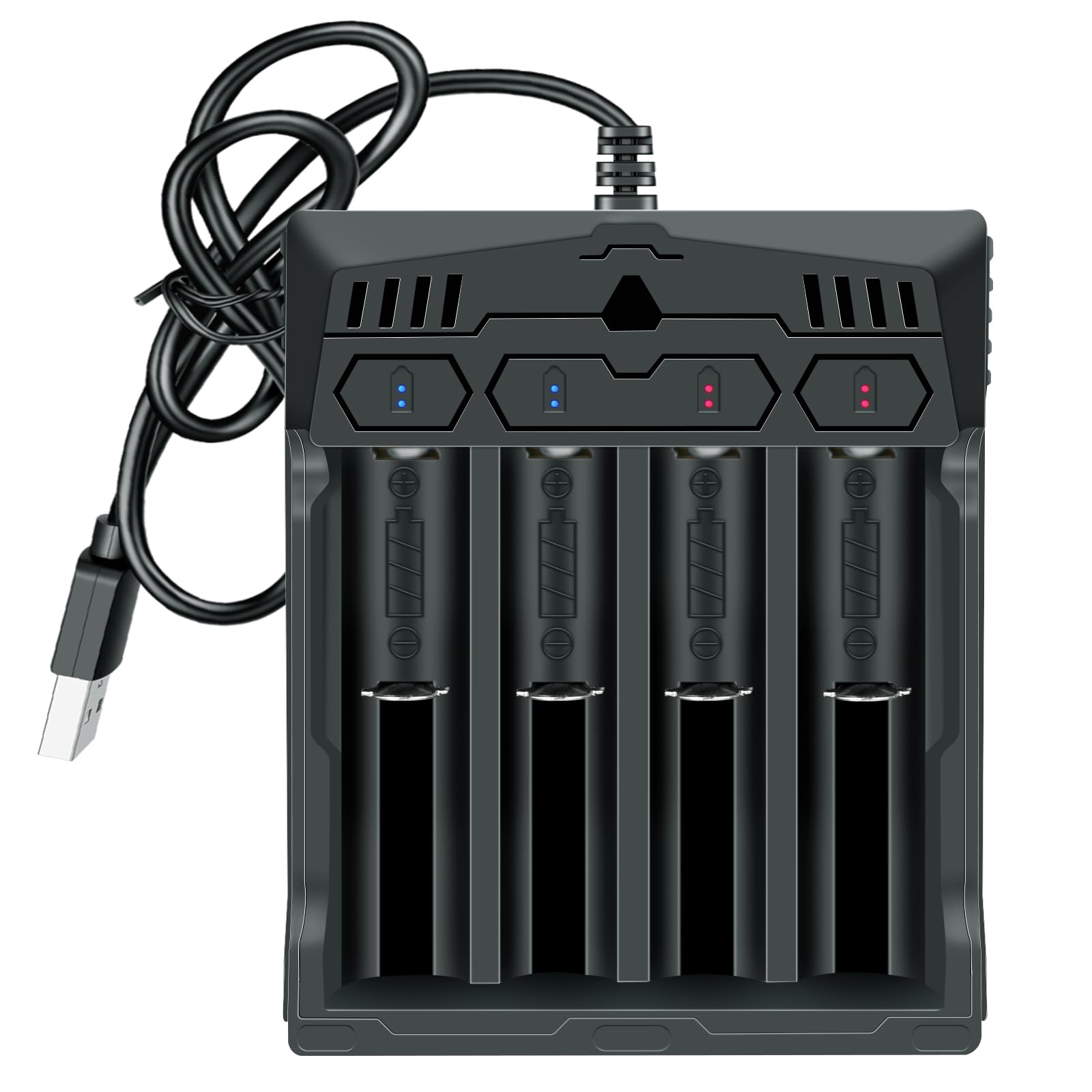 18650 Chargeur de batterie 4 baies 2 voies Smart Chargeur universel pour batteries rechargeables Lithium Li-ion IMR INR ICR 10440 14500 16340 20700 21700 22700 26650 26700 sans batterie