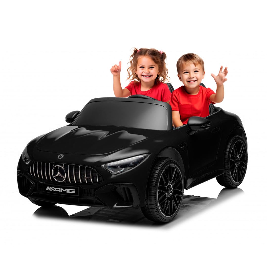 Mercedes SL63 24V - Negro -Coche eléctrico con Potente batería de 24V, Pintura Metalizada, Ruedas de Goma, Asiento de Polipiel, Coche a batería Grande para 2 niños, Luces, música y Mando para Padres…