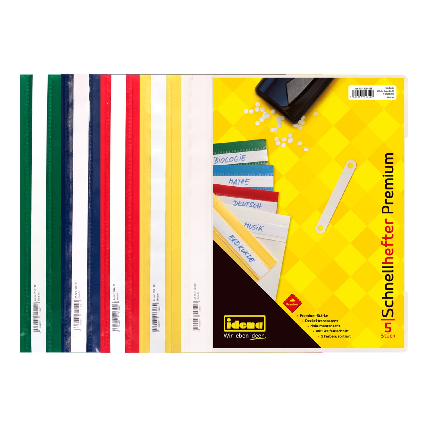 Idena 11350 - File Folders DIN A4, Made of Polypropylene, Thickness 250 µ, Premium Set, Various Colours (Red, Blue, Yellow, Green, White)