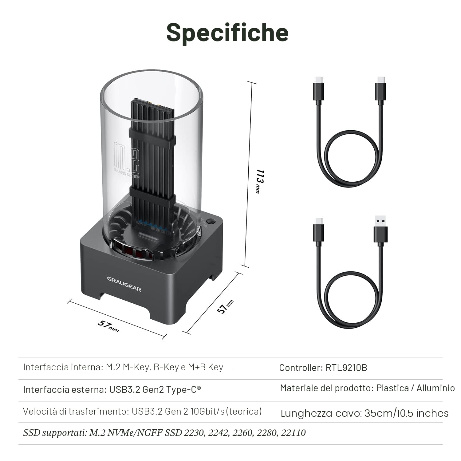 GRAUGEAR Docking Station per SSD M.2 NVMe & NGFF, RTL9210B, USB3.2 Gen2 10Gbps, Ventola Silenziosa 50mm, senza attrezzi