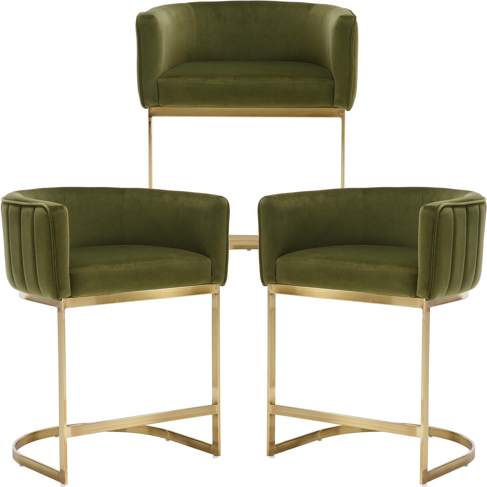 LZAREAL Modern Counter Height Bar Stools Set of 3, Velvet Upholstered Stool with Gold Metal Frame, 24 Inch Kitchen Island Stool for Home Bar &Dining