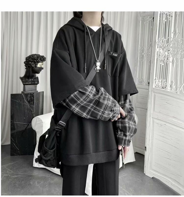 Fake Two Piece Casual Plaid Long Sleeve Hooded Sweatshirt for Men Oversized Grunge Hoodies Acubi Fashion Sweatshirts3