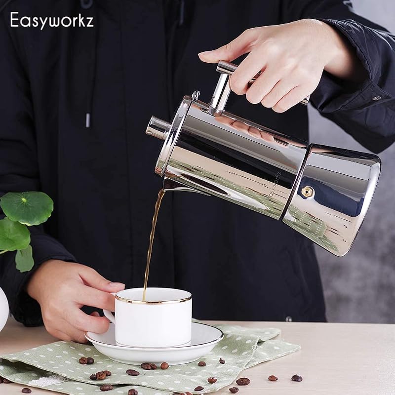 Diego Olasz Kotyogós Kávéfőző Tűzhelyre, Rozsdamentes Acél, 10-12 Csészés, 520 ml, Indukciós Főzőlappal Kompatibilis, Ezüst