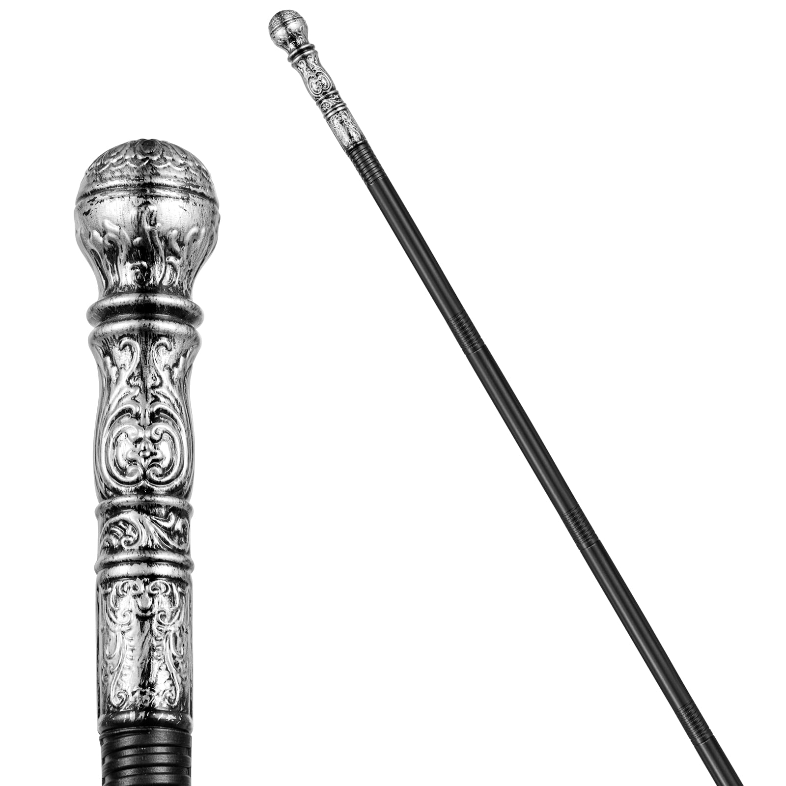 Halloween Vintage Cane Scepter Wizard Staff, 4-Section King Staff 55 inches Golden/Silver Elegant Prop Stick Scepter Walking Canes for Adult Dress-up play and pretend Parties (brushed silver)