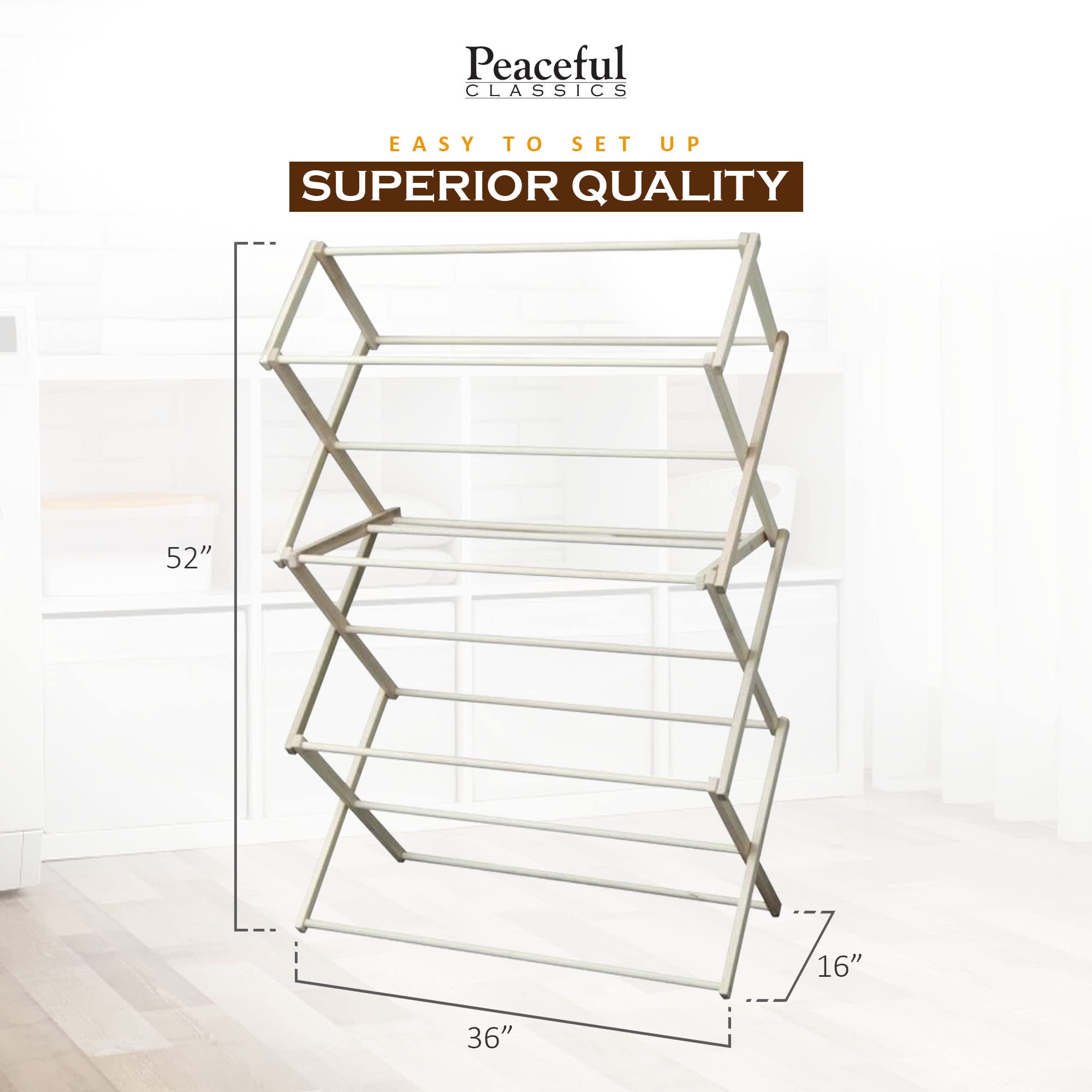 Peaceful Classics Wooden Laundry Rack - Amish Handmade Wooden Clothes Drying Rack - Foldable Drying Rack for Towel, Blanket, Linen Household Essentials - for Indoor Or Outdoor Use (52