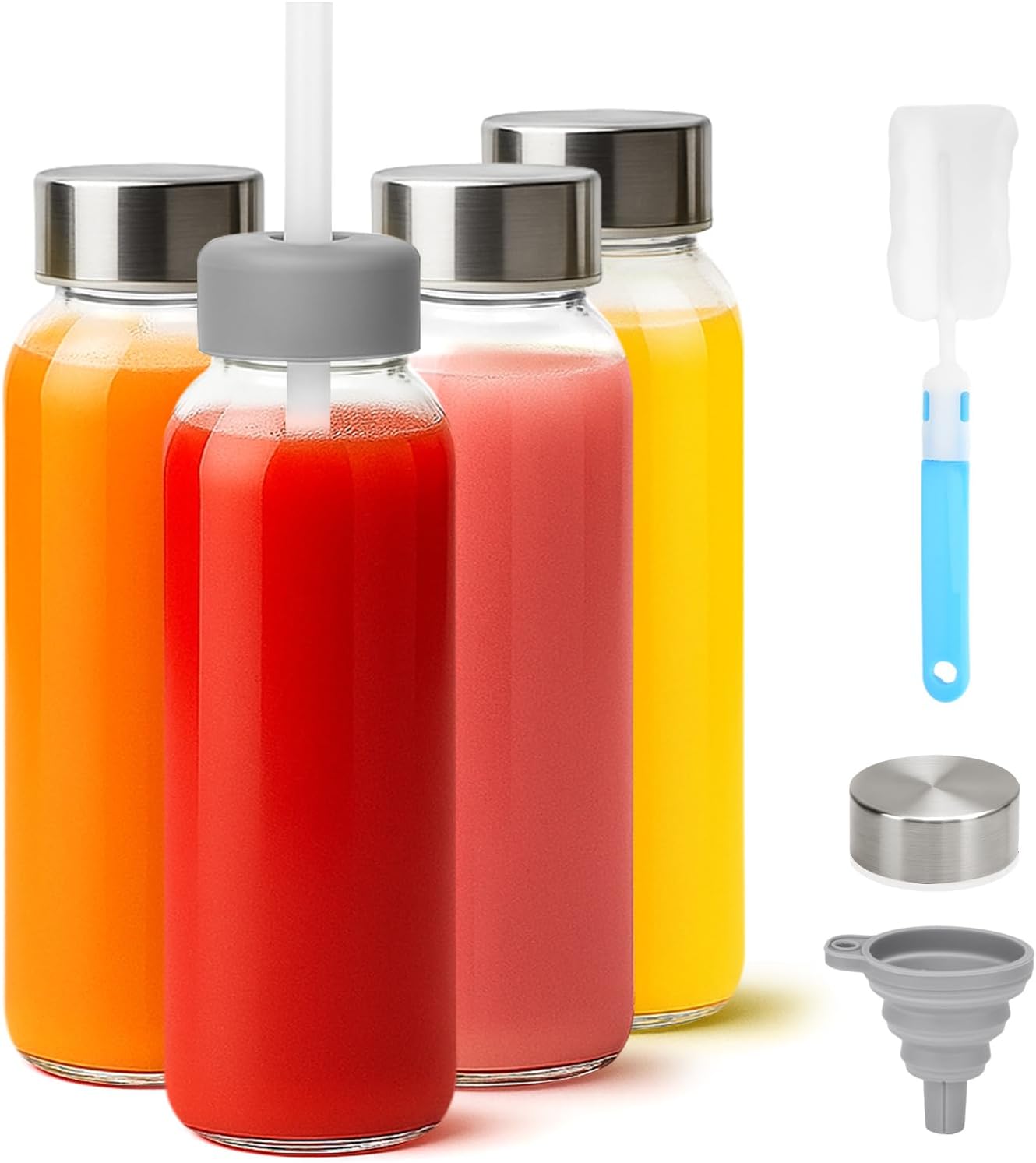 Zukro Glass Water Bottles with Lids & Straw 16 oz, 4 Pack Reusable Juice Bottles With Stainless Steel Cap for Juicing, Leak Proof Clear Smoothie Drinking Jars Beverages Containers, BPA Free