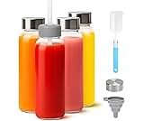 Zukro Glass Water Bottles with Lids & Straw 16 oz, 4 Pack Reusable Clear Juice Bottles With Stainless Steel Airtight Cap for Juicing, Leak Proof Drinking Jar for Beverages, Milk & Fridge, BPA Free
