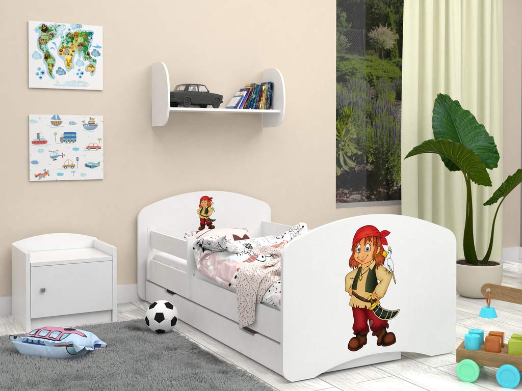 Happy Babies - Dwustronne łóżko dziecięce z szufladą Nowoczesne wzornictwo z bezpiecznymi krawędziami i zabezpieczeniem przed upadkiem materac piankowy 7 cm. (140x70, 42. pirat)