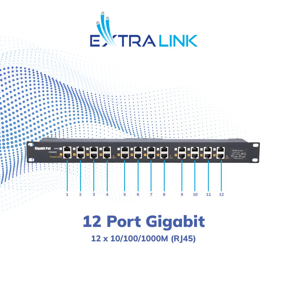 Extralink PoE Injector 12 porte Gigabit, incluso cavo, Fast Ethernet, protezione da cortocircuito e sovratensione, due porte RJ-45, adattatore PoE, iniettore PoE