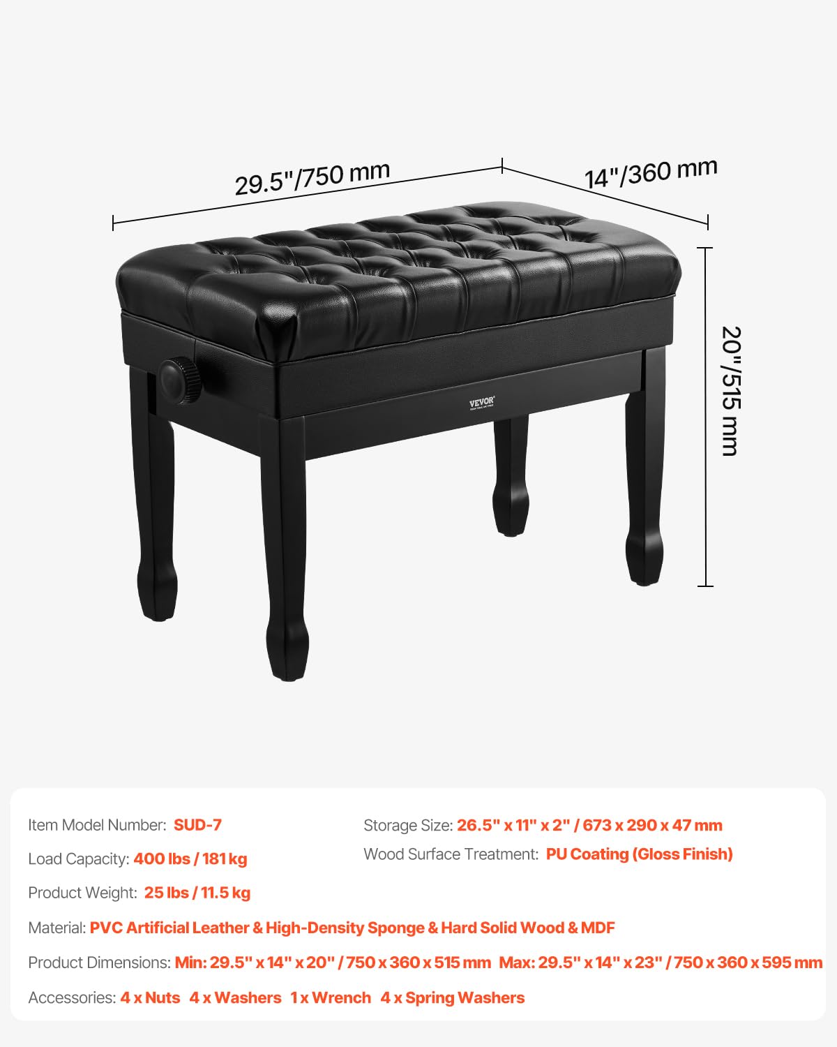 VEVOR Ławka fortepianowa 750 x 360 x 515 mm Regulowana wysokość taboret fortepianowy, wyściełana poduszka, drewniana ławka do pianina, przegroda ławki do przechowywania książek muzycznych, sypialnia
