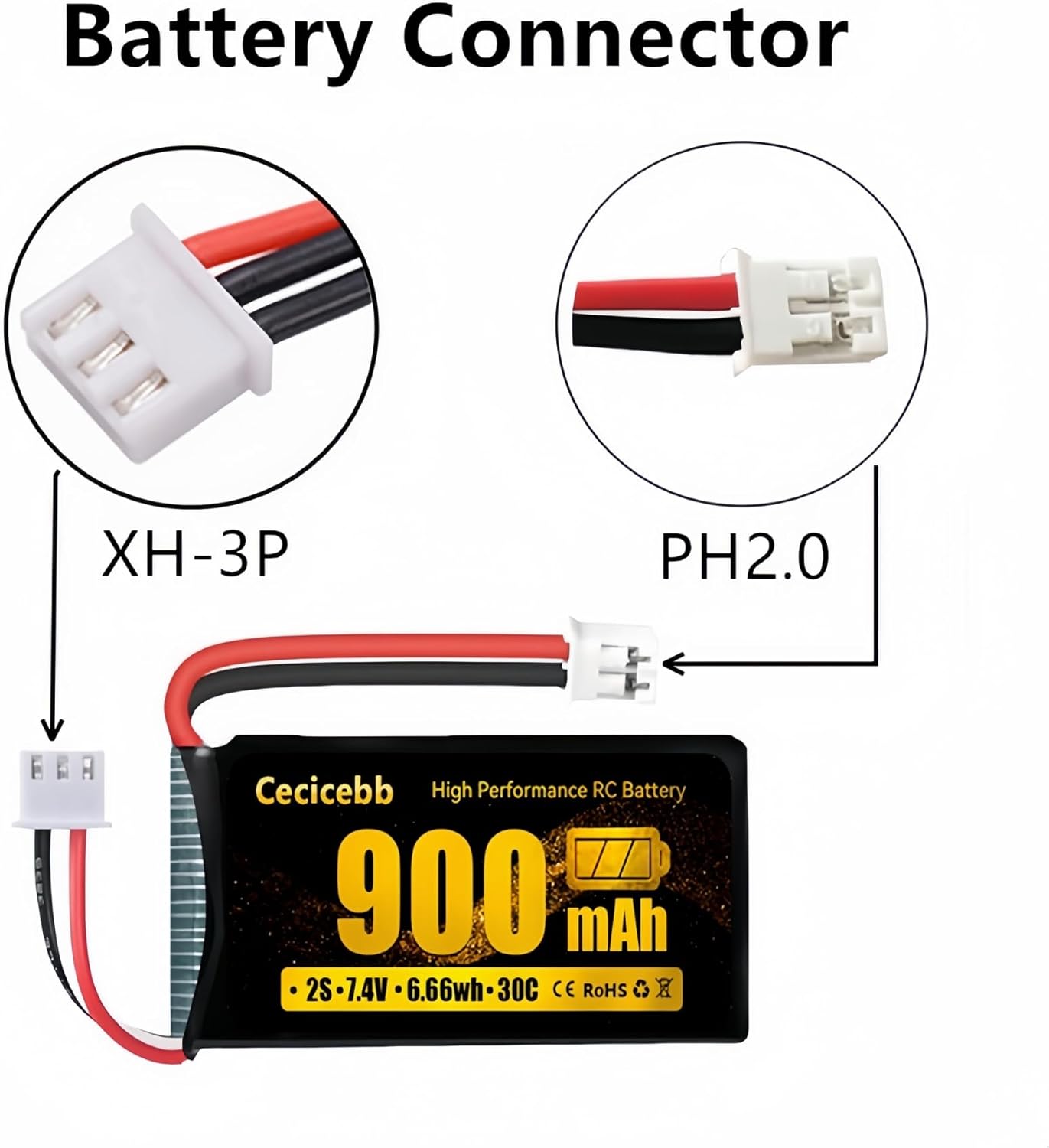 SCX24 Battery 7.4V 900mAh Li-Po Battery with PH2.0 Plug for SCX24 RC Car Most 1/10, 1/16, 1/18, 1/24 Scale RC Trucks with Charger Cable