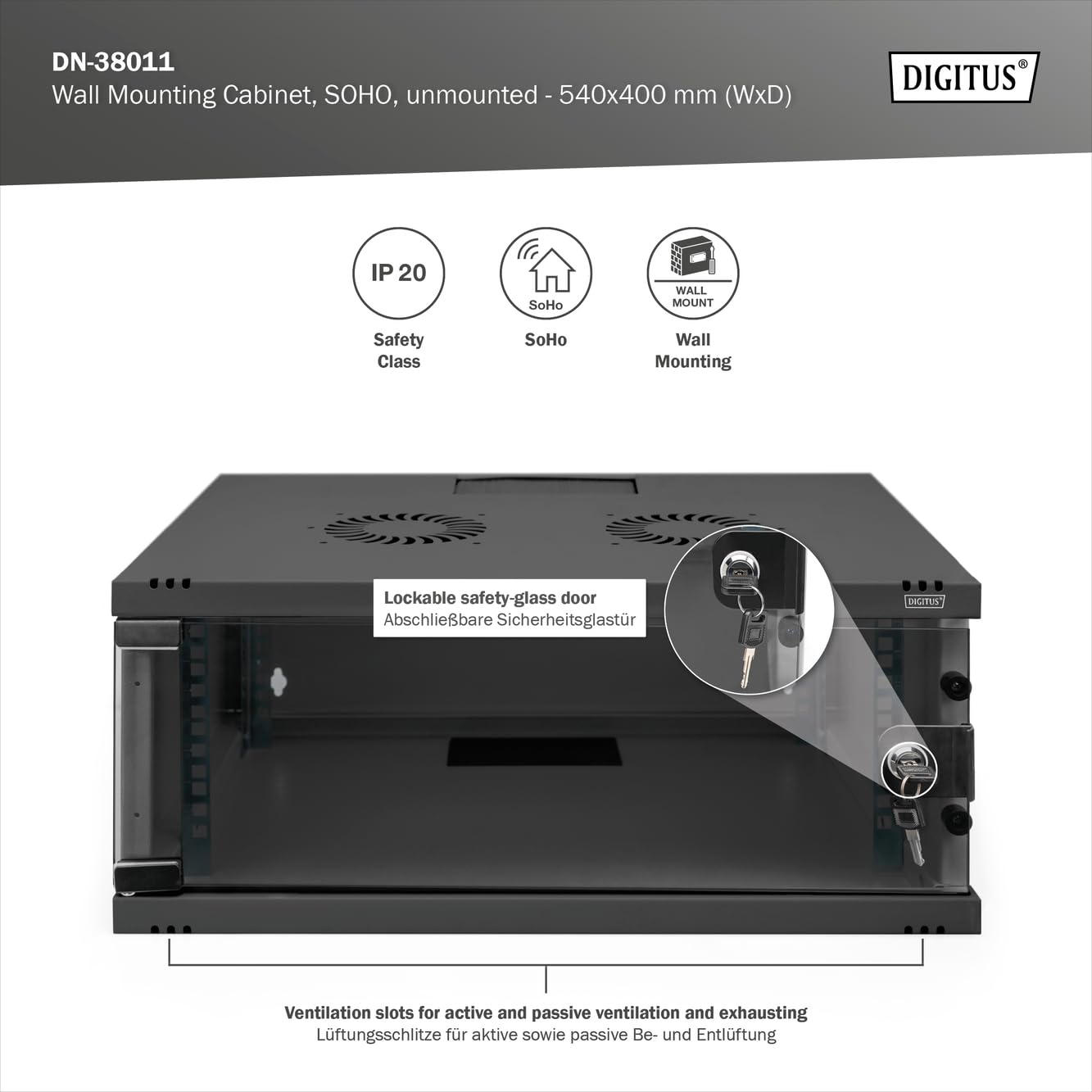DIGITUS Armario de red, rack de 19 pulgadas 4 U, Sin montar, Montaje en pared, 400 mm de profundidad, Carga 60 kg, Puerta de cristal, Negro