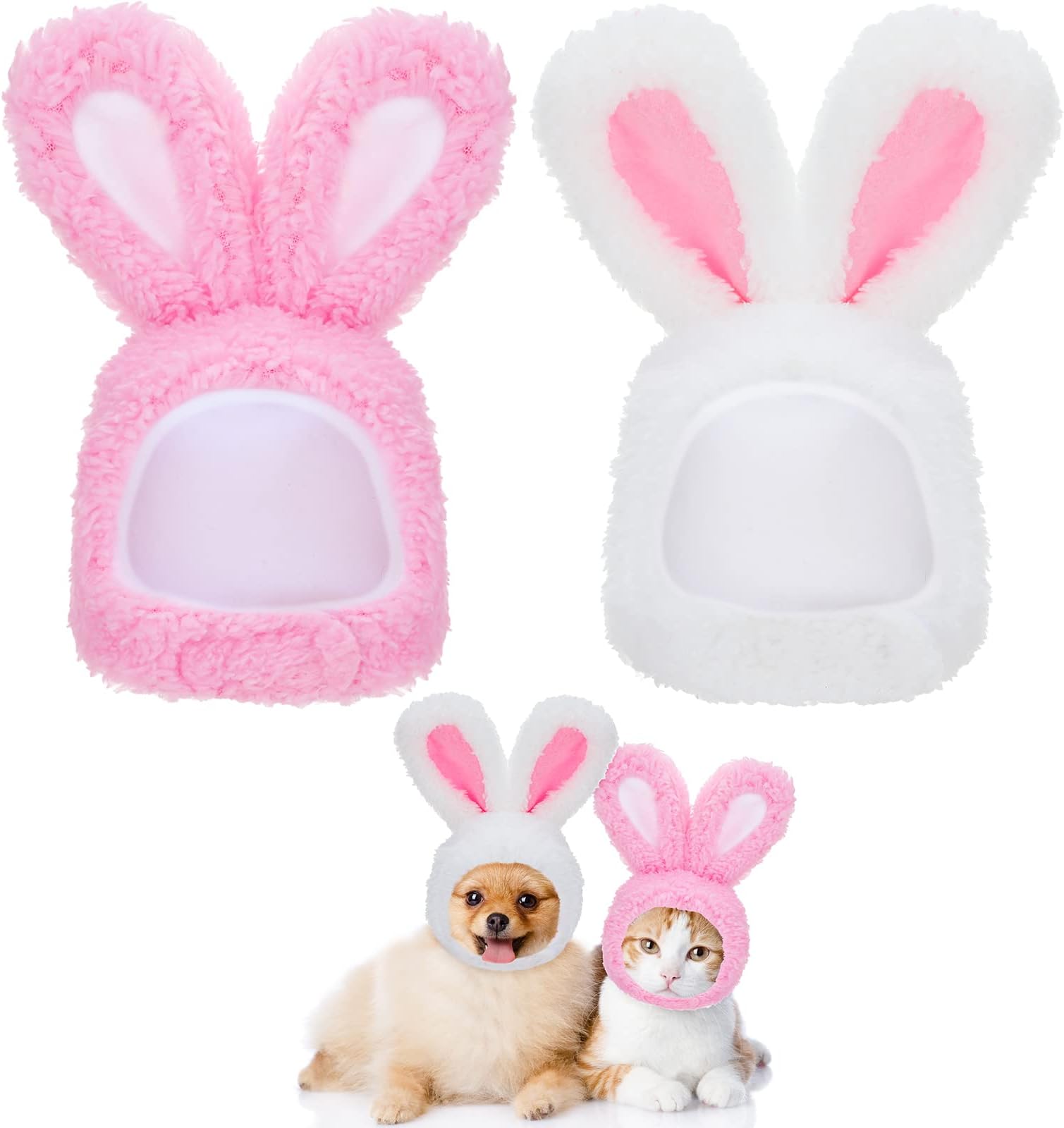 2 Pcs Easter Cat Hat Rabbit Ear Cats Outfit Bunny Dog Costume Adorable Pet Headwear Costume for Kitten Small Dogs Cute Costume Cosplay Festival Daily Party Accessory, White, Pink