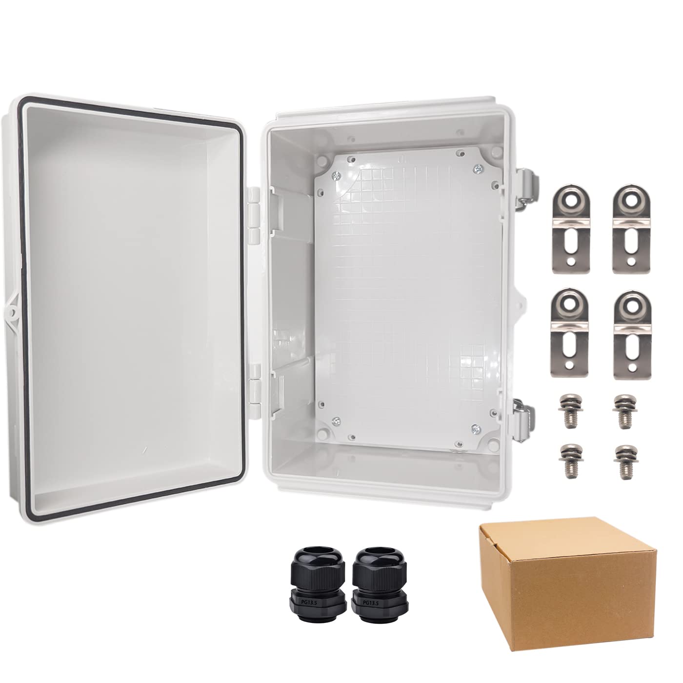 YETLEBOX Waterproof Electrical Box with Mounting Plate 300x200x170mm, IP67 Junction Box Stainless Steel Latch Hinged Grey Cover Project Enclosure with Wall Bracket and 2 Glands 11.8"x7.9"x6.7"
