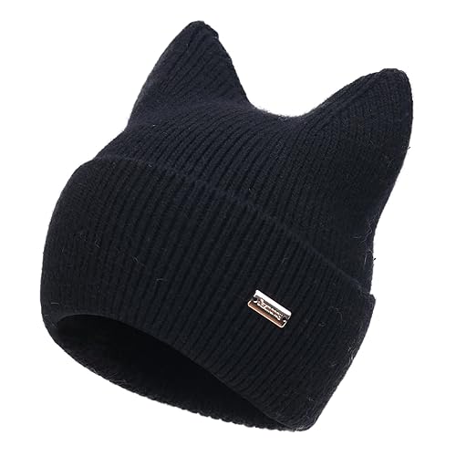 jaxmonoy Winter Cute Cat Ear Knitted Beanie Hats for Women and Men Soft Warm Knit hat Ladies Skull Beanies Cap - Black