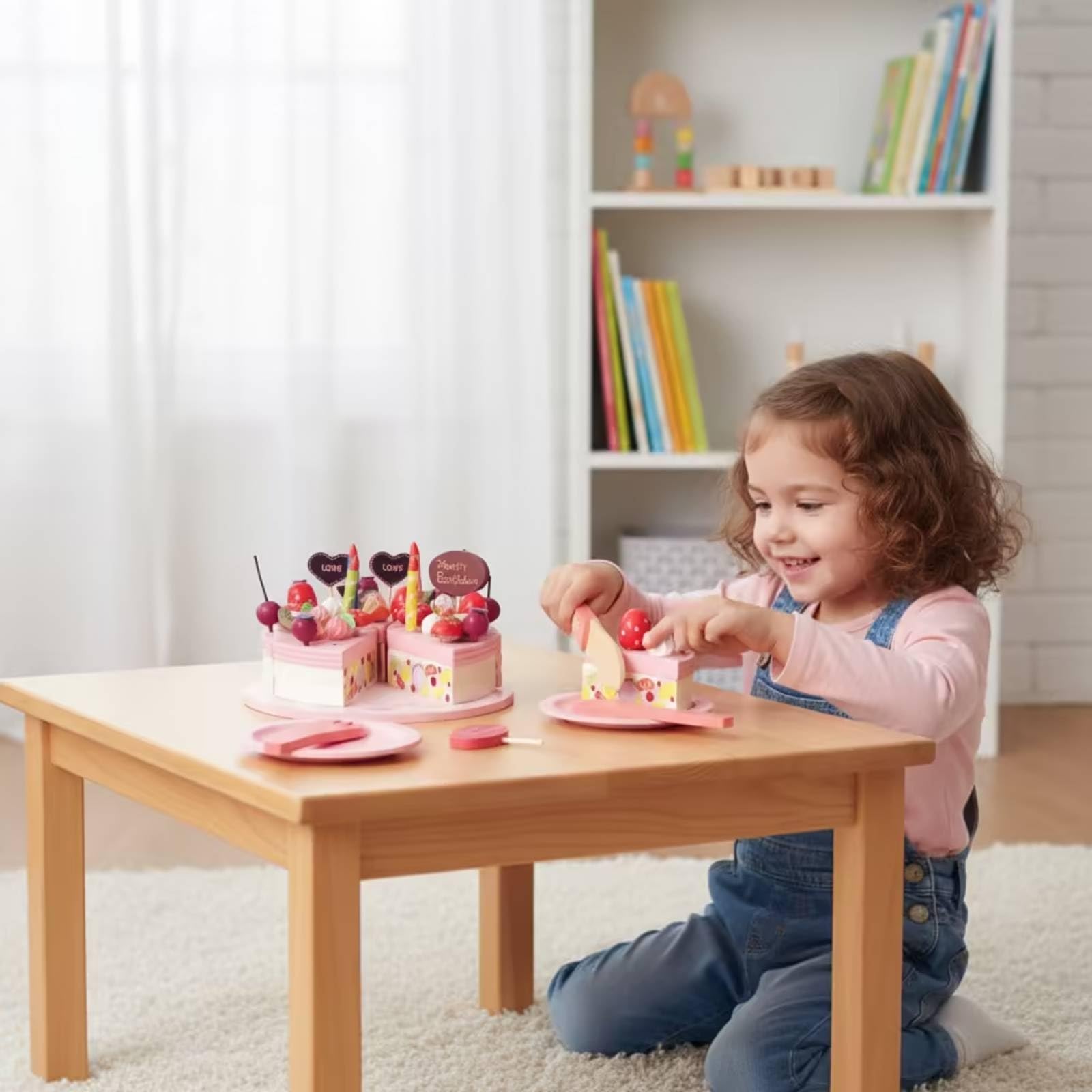 F Fityle Pastel de Cumpleaños de Juguete para Niños con Torta para Cortar Set de Cocina de Madera Platos Cuchillo y Cubiertos Decoraciones de Crema y Frutas