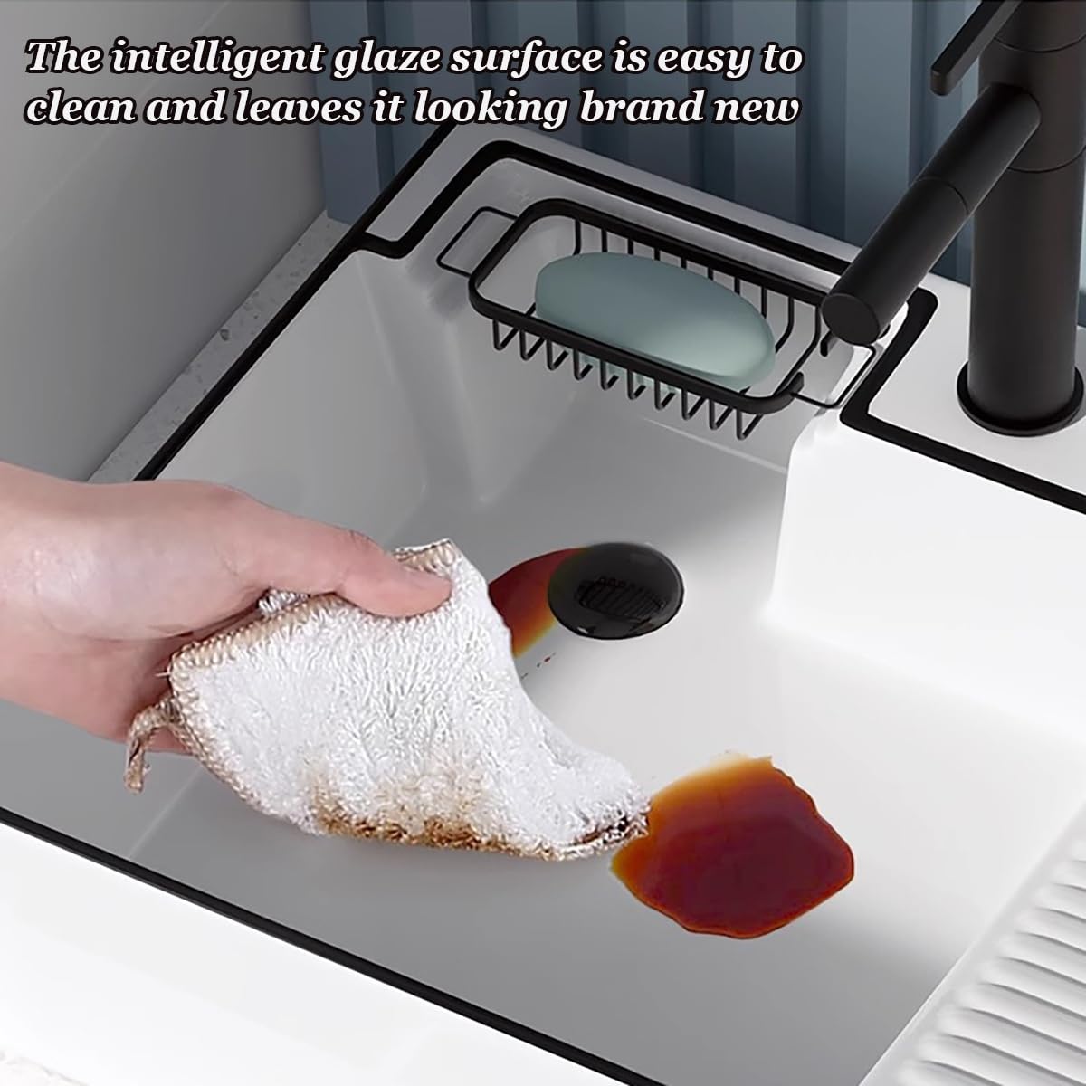 Fregadero de lavadero de baño Rectangular de cerámica, Bañera De Lavandería De Balcón con Tabla De Lavar, Grifo Y Desagüe Emergente(White,510x405x155mm)