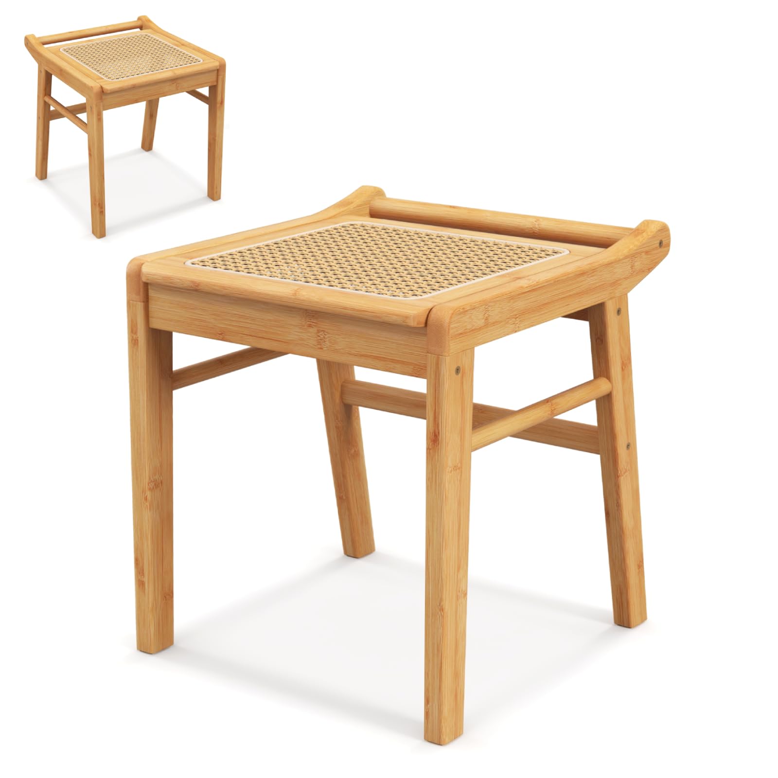 Multigot Dressing Table Stool, Bamboo Vanity Stool with Rattan Top and Reinforcement Bar, Modern Makeup Seat Shoe Changing Stool for Living Room Bedroom
