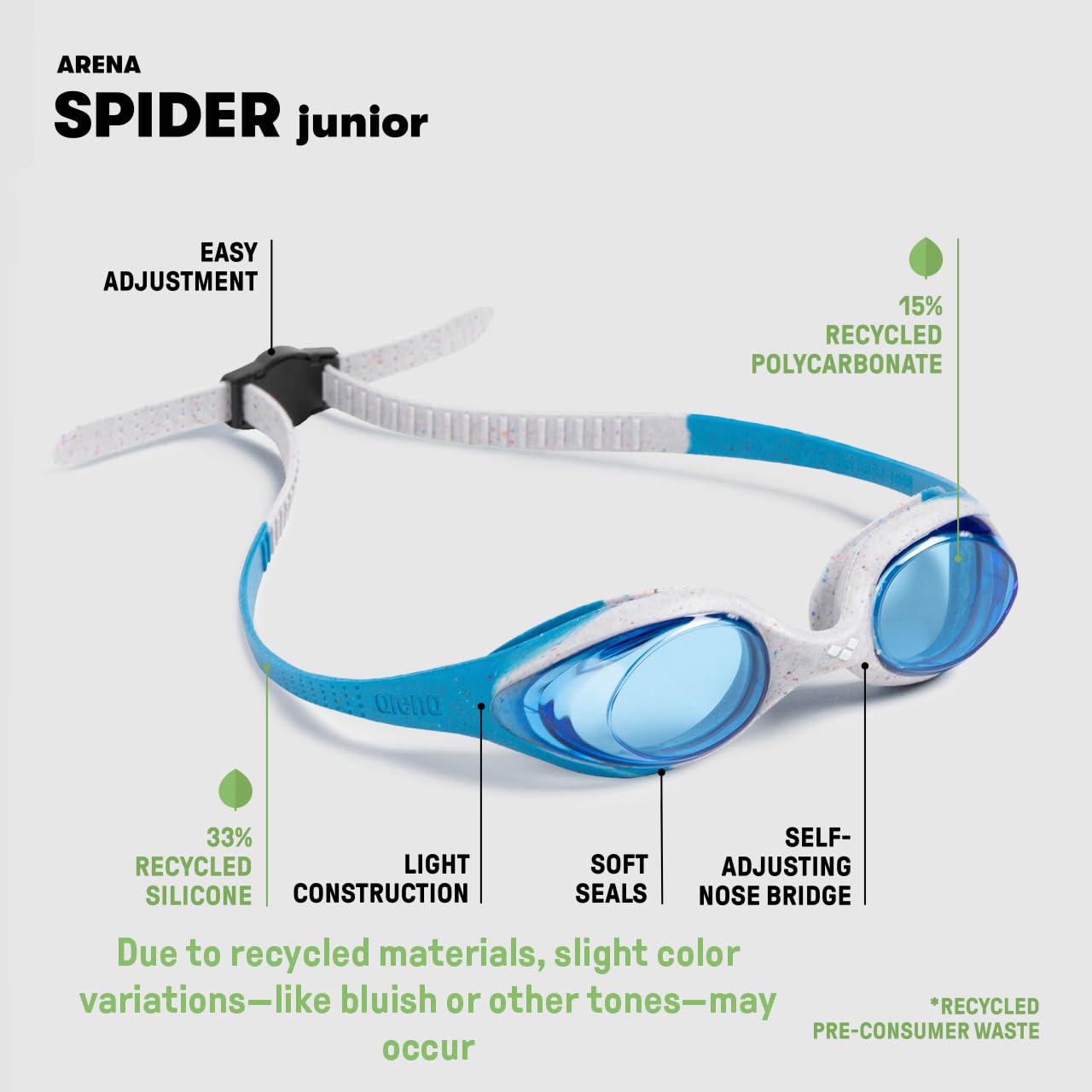 arena Spider Junior dziecięce gogle pływackie, standardowe gogle basenowe z soczewkami przeciwmgielnymi i ochroną przed promieniowaniem UV, samoregulujący się mostek nosowy, hipoalergiczne uszczelki