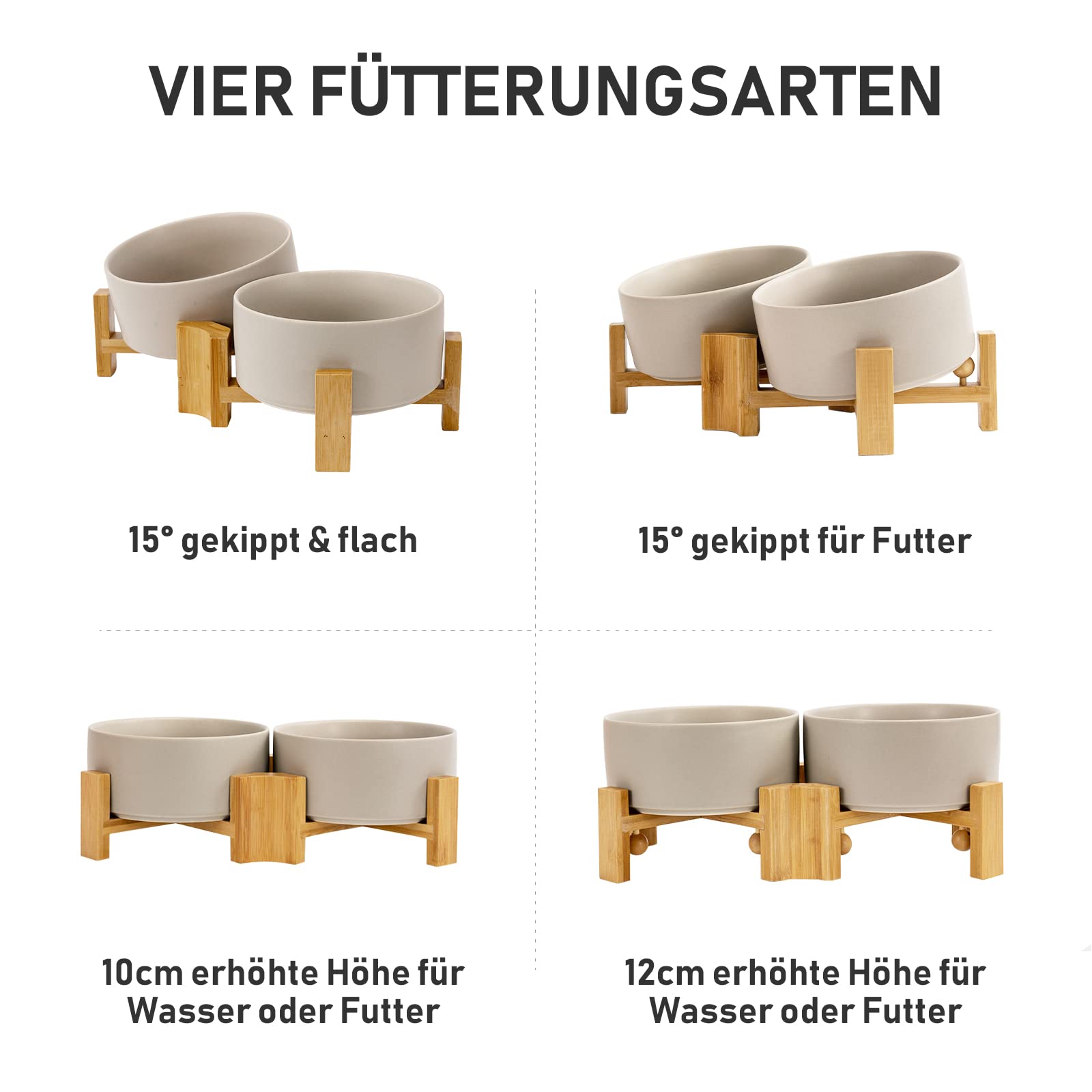 SPUNKYJUNKY Kippbarer Hundenapf Keramik Doppel Hund Futternapf mit Bambus Ständer 0° und 15° Neigungswinkel für Haustiere Katzen und Welpen Großes Gesicht Hund (850ml, Grau × 2)