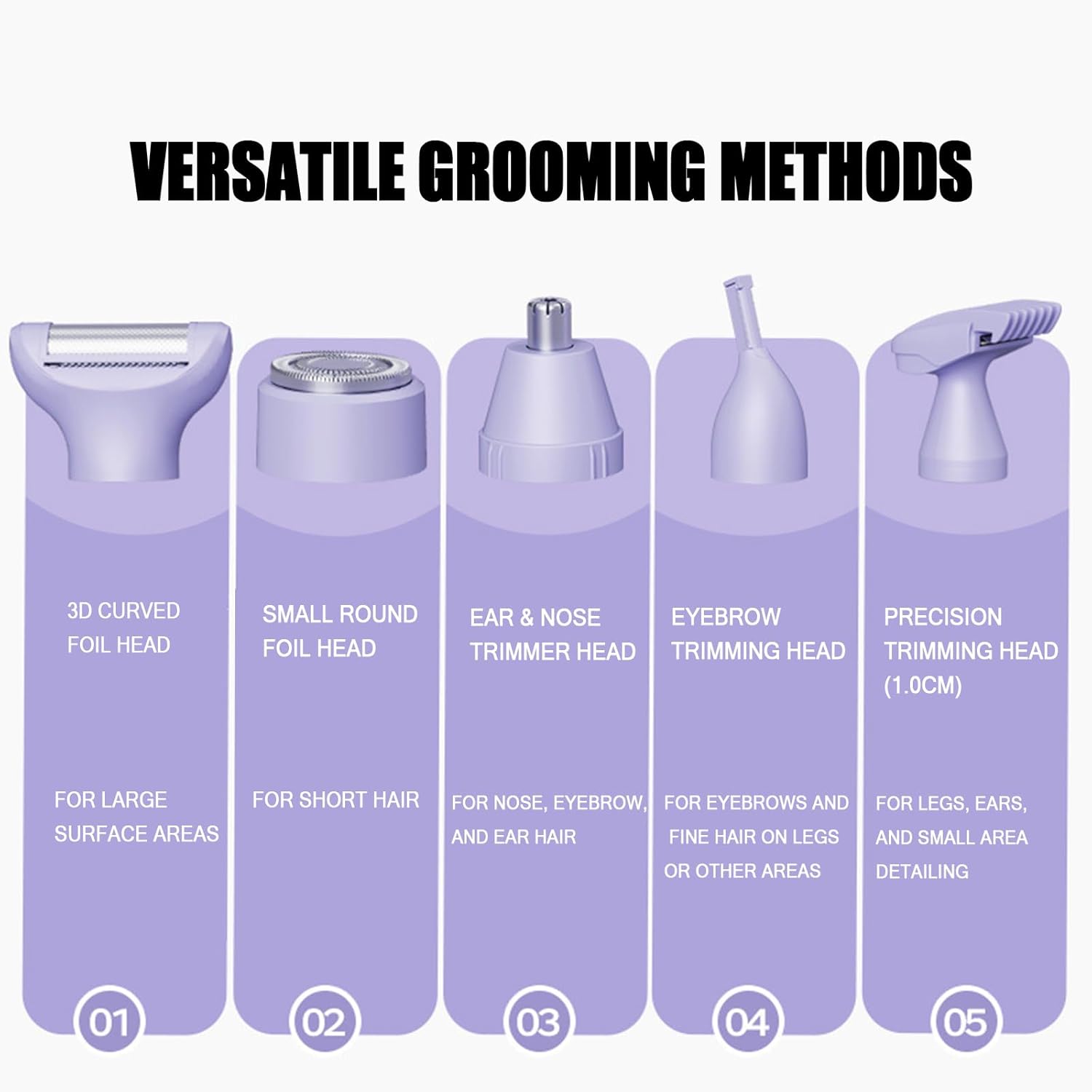 LED Display Type-C Multi-Function Hair Trimmer 5-in-1 Replaceable Heads Full Body Washable Quiet Motor 180° Adjustable Women's Shaver (Purple)