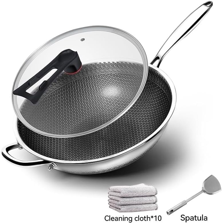 Honeycomb Stainless Steel Wok Pan with Lid, 13.3 Inch Hybrid Nonstick Stir Fry Pan Flat Bottom, Induction Compatible, Dishwasher Safe, No Seasoning Needed (Serves 3-4)
