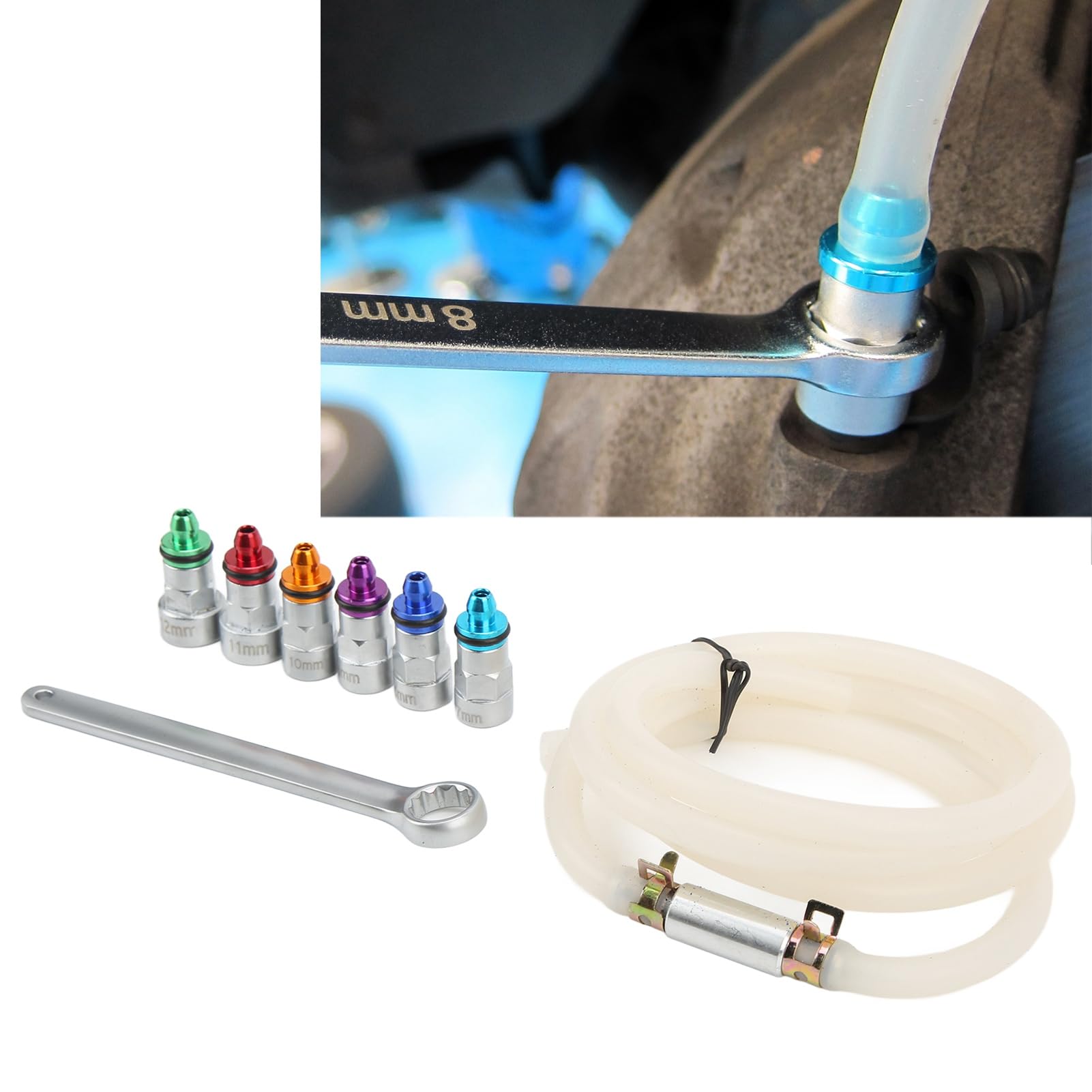Brake Bleeder Wrench Kit with 6 Adapters, Metal Rubber, Universal for Car SUV Light Truck Motorcycle, 7-12mm, Check Valve & Brake Fluid, Air Elimination, No Wheel Removal or