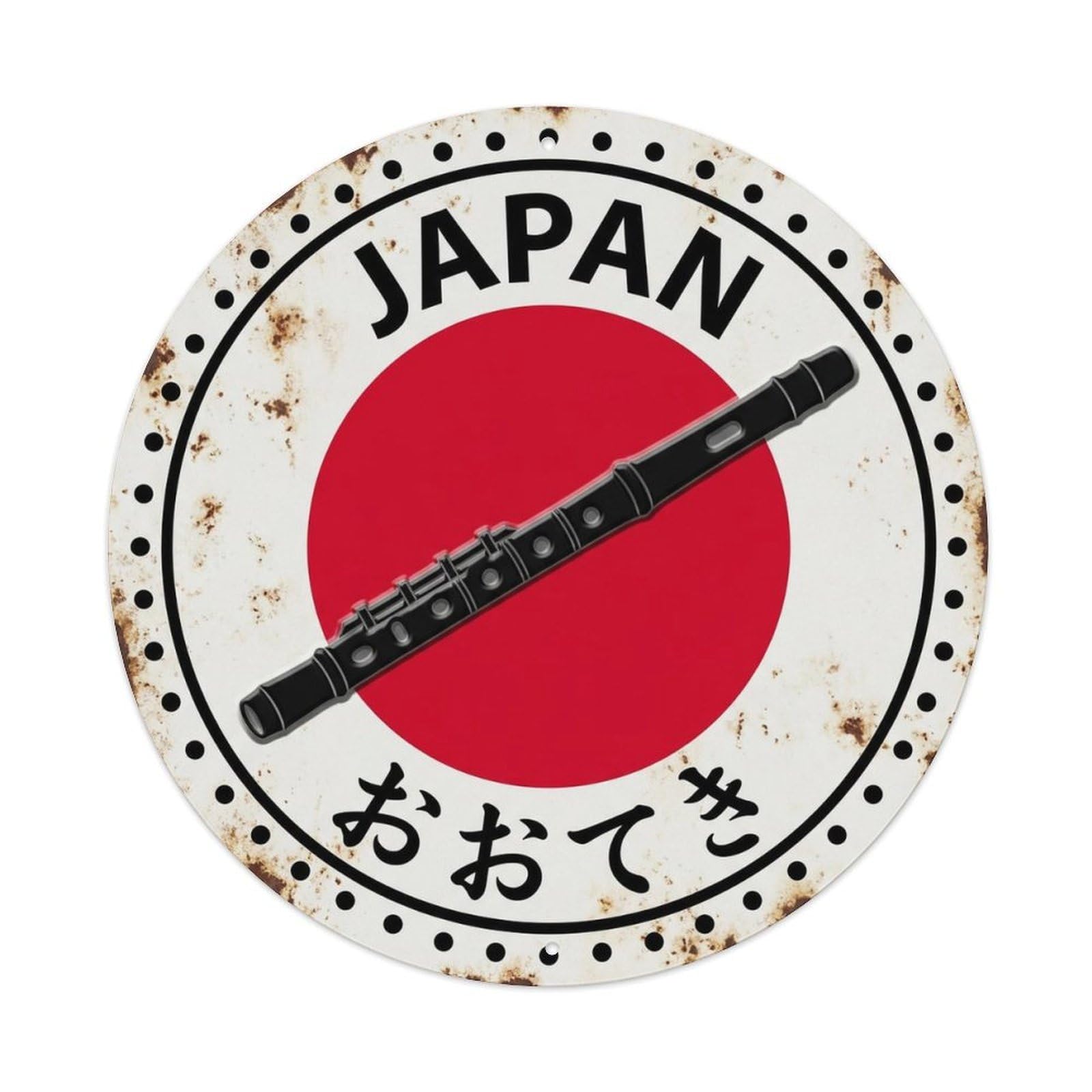 Oteki Flute Japan Horizontal Pipe Rustic Craft Motif Metal Tin Sign Plaque Wall Decor for Cafe, Man Cave, Club Bar, Office, Home Garden Round Metal Poster 8x8Inch