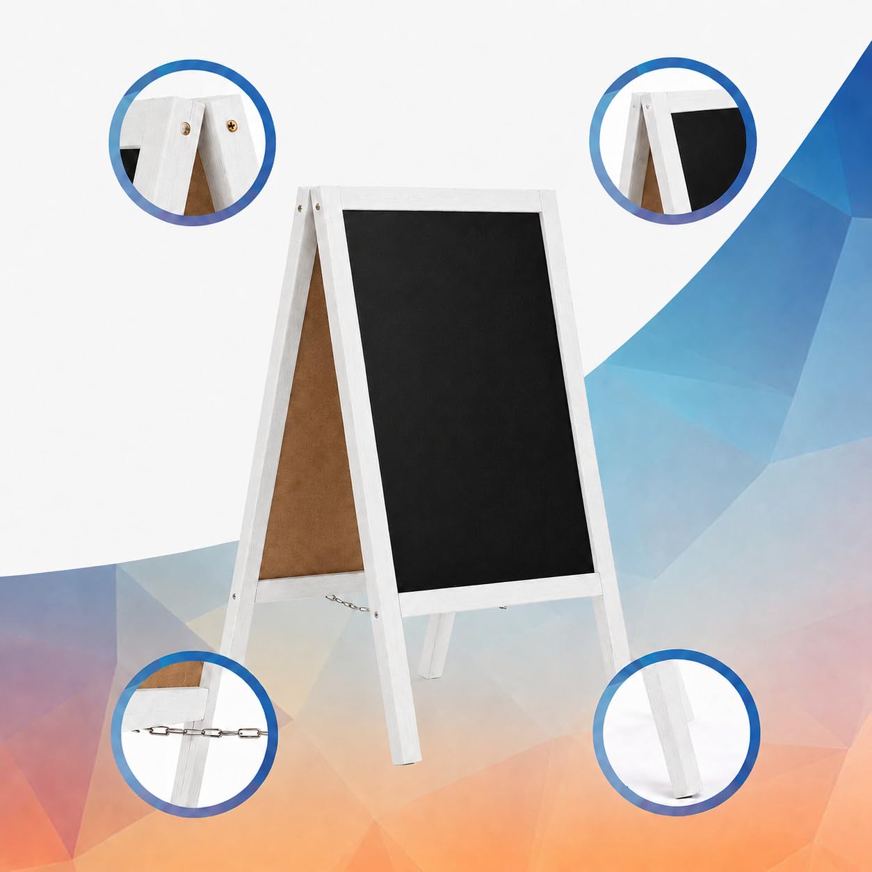 MG Design Pizarra caballete de madera 60 × 120 cm – pizarra negra de doble cara con marco blanco, plegable y fácil de limpiar, ideal para menú de bar, restaurante o tienda