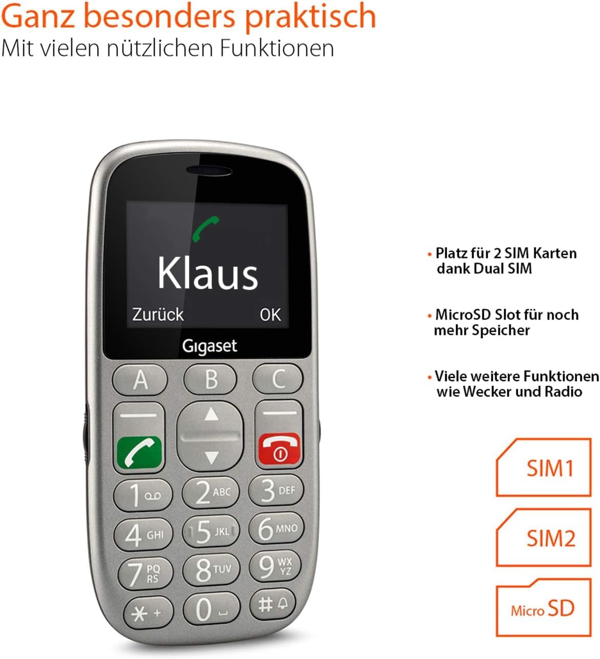 Gigaset GL390 GSM - Senioren Handy mit SOS-Notruf-Taste - großem 2,2 Zoll Farbdisplay - einfache Bedienung mit extra großen Einzeltasten - kompaktes Mobiltelefon ohne Vertrag, titan-silber