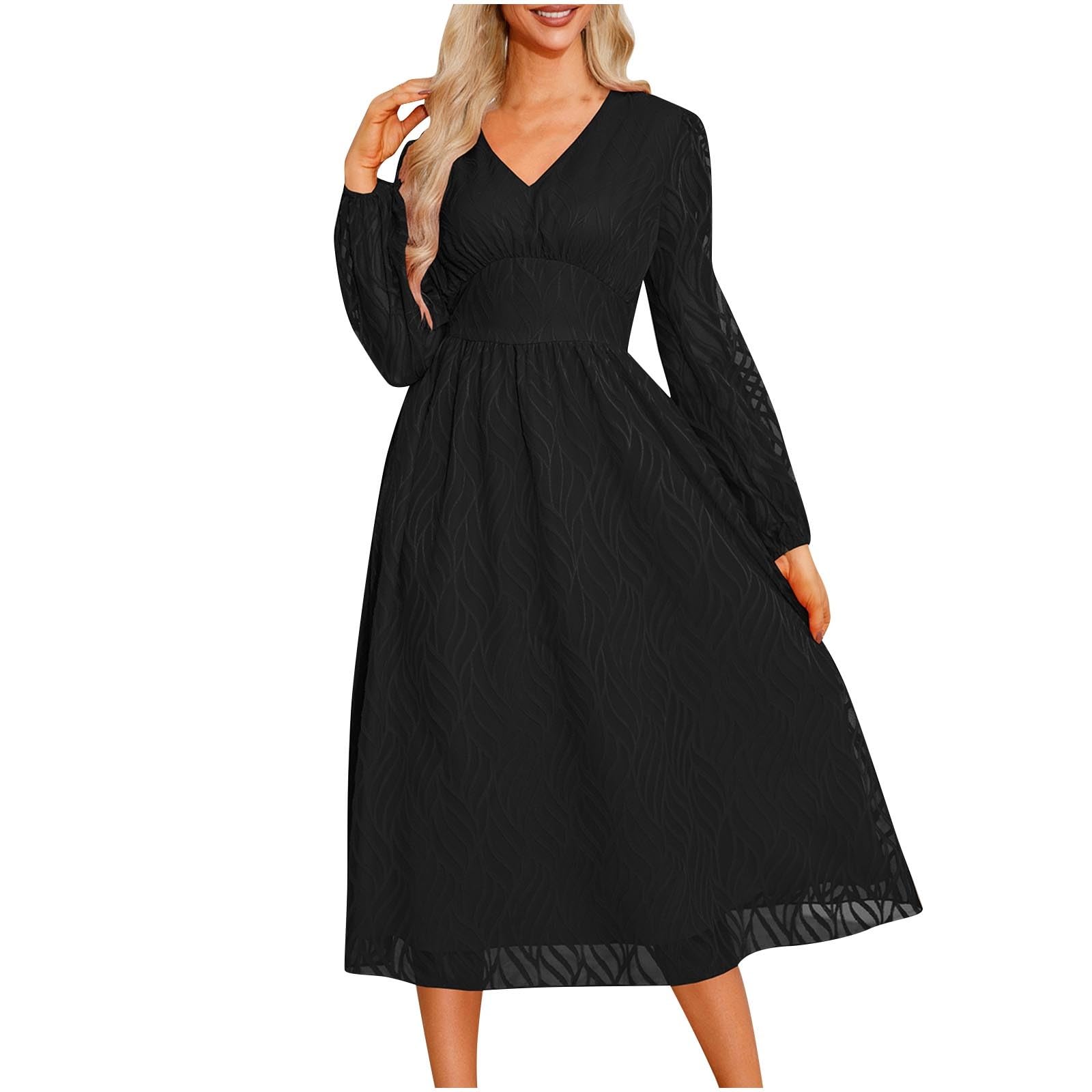 Solid Color Long Sleeve V Neck Empire Waist Midi Dress for Women Elegant Evening Gown Wedding Guest Cocktail Party