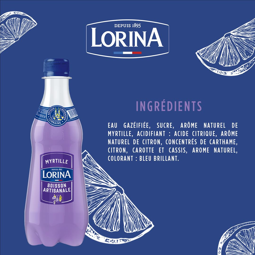 Lorina Limonade Artisanale Saveur Myrtille, Boisson Gazeifiée aux Arômes Naturels, 42cl, Lot de 12 Bouteilles