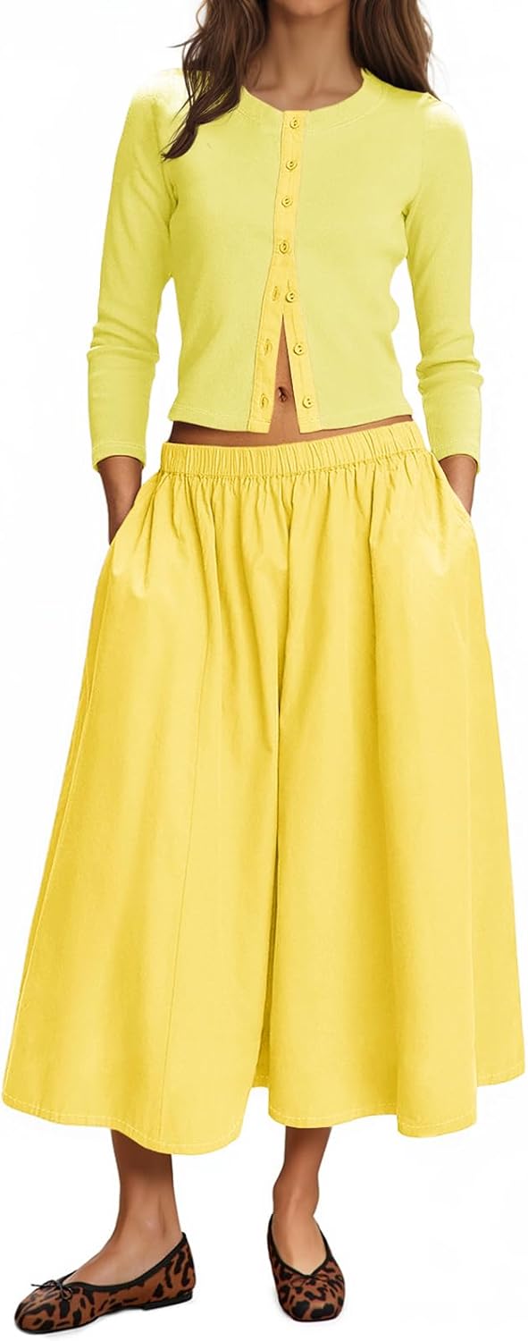 Tankaneo Womens 2 Piece Skirt Sets 3/4 Sleeve Knit Cardigan Elastic Waist Midi Skirt Outfits Casual Matching Dress Set