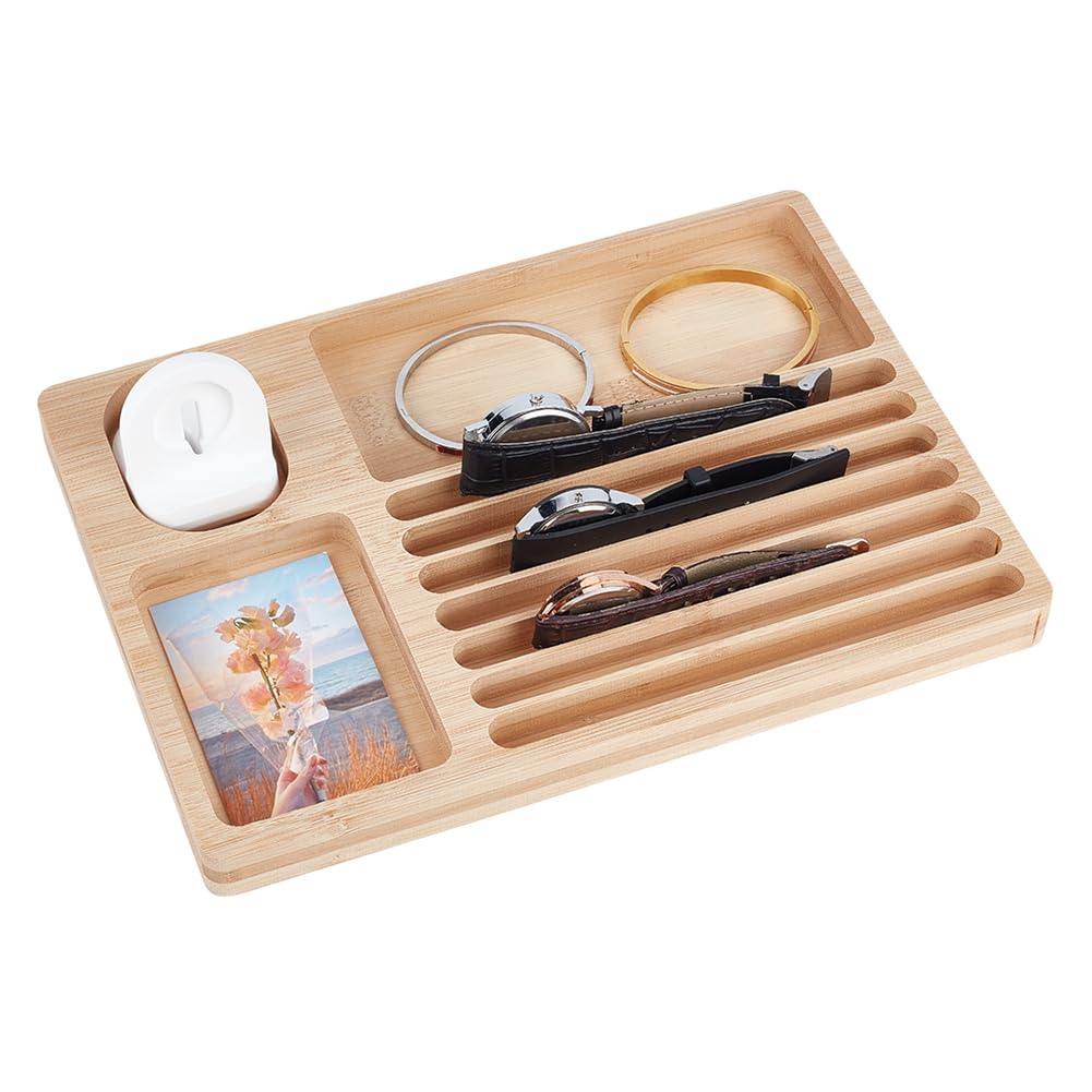 OLYCRAFT Organizador de correa de reloj de madera con pantalla de silicona, 19 x 26,5 x 2 cm, bandeja de pantalla grande con estación de carga, correas de reloj, relojes, bandeja de almacenamiento