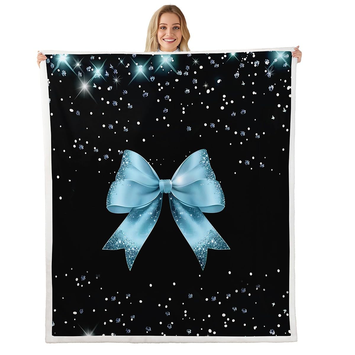 Homewish Niebieska muszka koc sherpa, kawaii, kokarda, puszysty, pluszowy koc z nadrukiem gwiazd, koc polarowy, gwiaździste niebo, dekoracja na łóżko, kanapę podwójną, 152 x 203 cm, z dekoracją