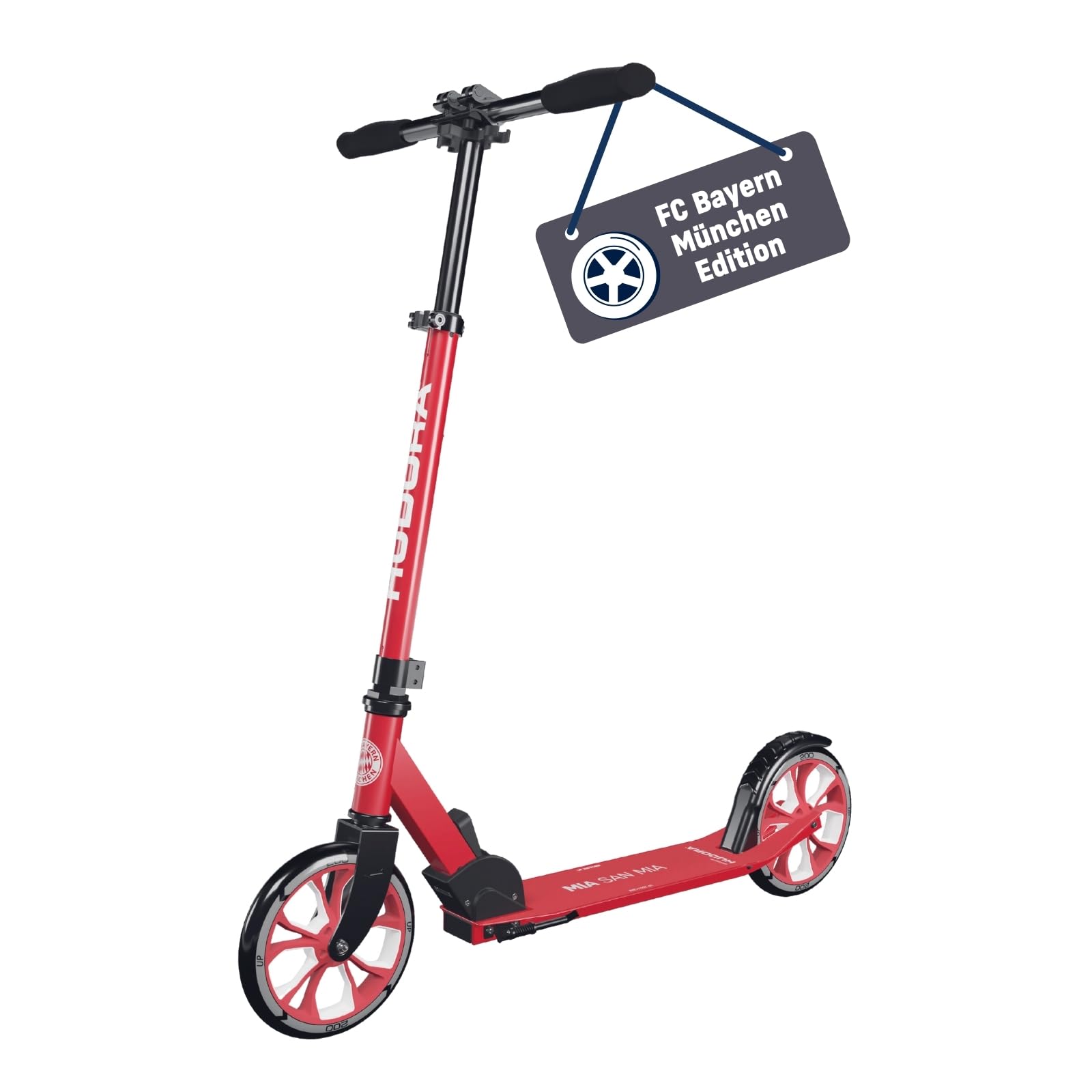 HUDORA Scooter Up 200 - Fanroller FC Bayern München Edition - FCB-Roller für Kinder/Jugendliche & Erwachsene bis zu 100 kg - Höhenverstellbarer FC Bayern Tretroller - Zusammenklappbarer Kick-Scooter
