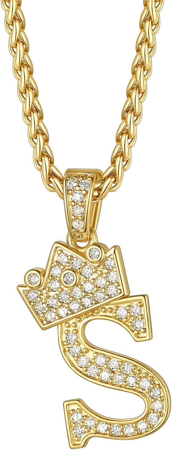 Richsteel A-Z Crown Initial Necklace For Men Women 18K Gold Plated Shiny Cubic Zirconia Monogram Pendant with 22'' Chain+2'' (Extended) Fashion Jewelry(with Gift Box)