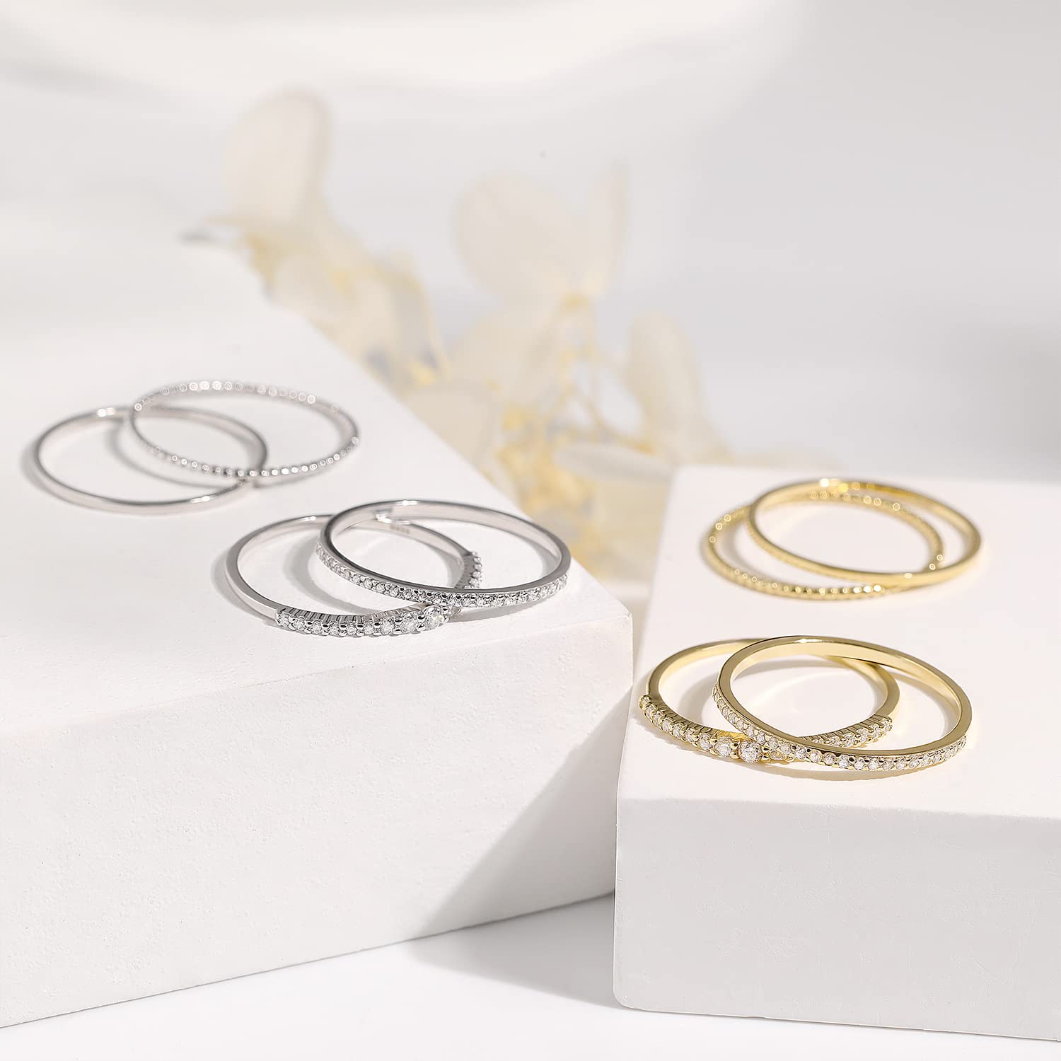 Meissa Lot de 4 Bague Plaqué Or/Argent Bague en Pierres pour Femme Empilable délicate Ultra Fine Bague Bijoux Cadeau