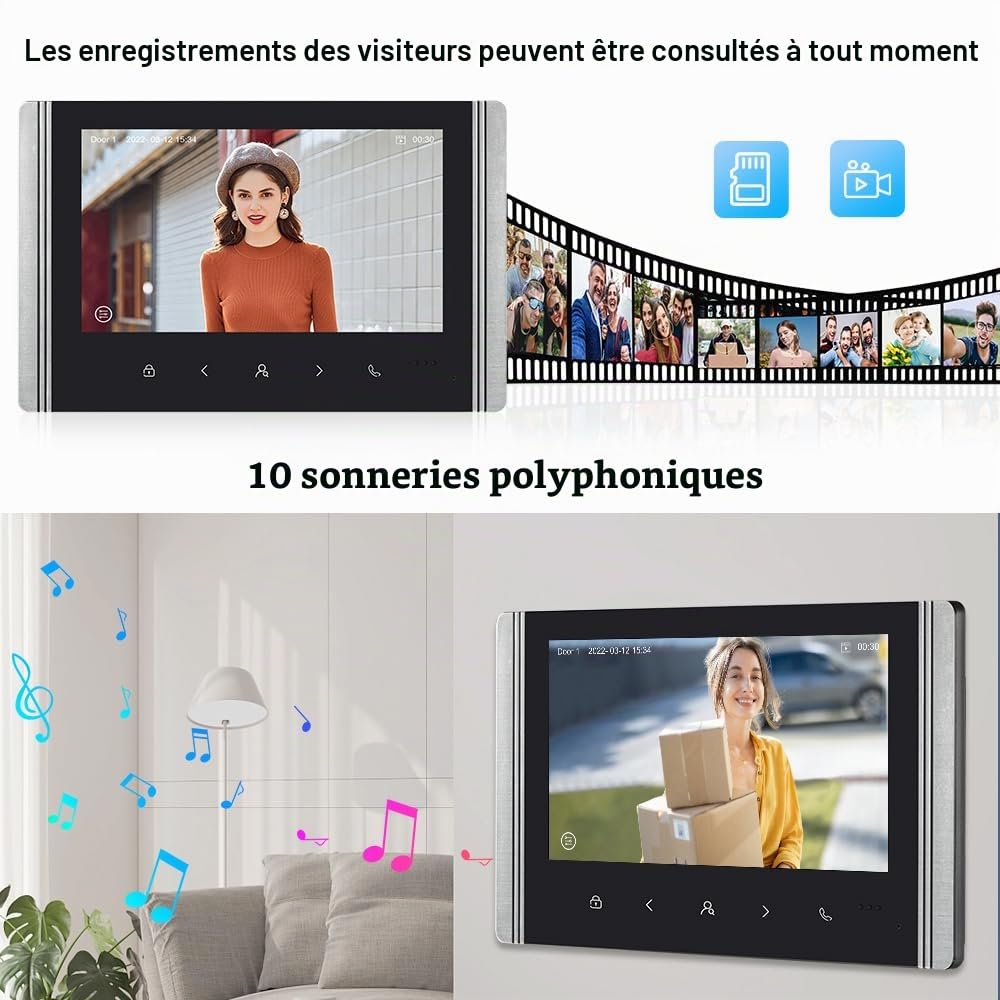 Système d'interphone vidéo Filaire avec écran Couleur IPS 7 Pouces, Sonnette vidéo HD 1080p et caméra 2 mégapixels prenant en Charge Le déverrouillage, l'interphone bidirectionnel