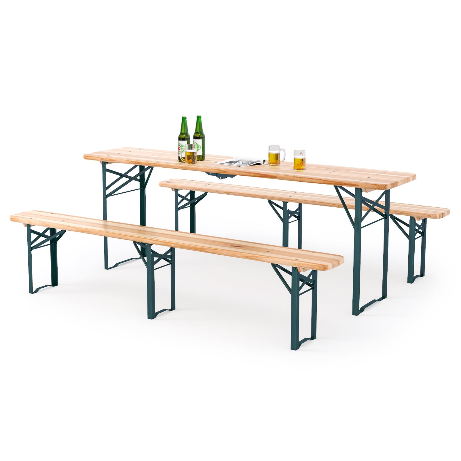 Warmiehomy 217CM Folding Camping Garden Picnic Table and Bench Set, Outdoor Portable Trestle Beer Table and Chairs, 3pcs Outdoor Furniture Set for Patio Yard Party BBQ