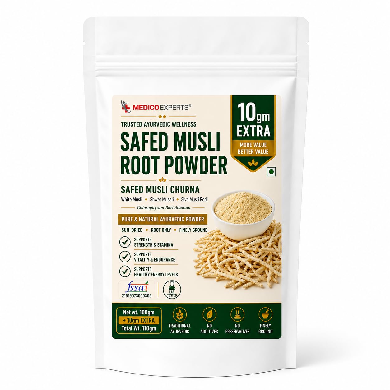 MedicoExperts Safed Musli Powder 110g (100g + 10g Extra) | Pure & Natural | White Musli, Shwet Musali, Siva Musli Podi | Chlorophytum Borivilianum | FSSAI Certified, Lab Tested