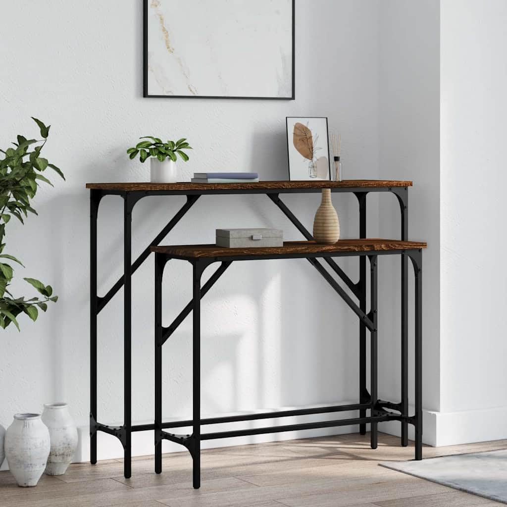 Set 2 Tavolini Consolle da Ingresso Legno Multistrato Marrone | Set di due tavoli impilabili salvaspazio per corridoio e soggiorno con telaio in metallo stabile e piedini regolabili.