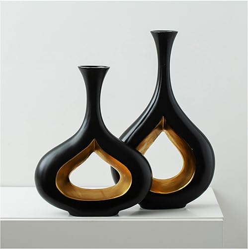 Miniatura 1 de Juego de 2 jarrones de dona de oro negro para decoración del hogar, jarrones negros mate extra grandes para decoración de sala de estar, mesa,