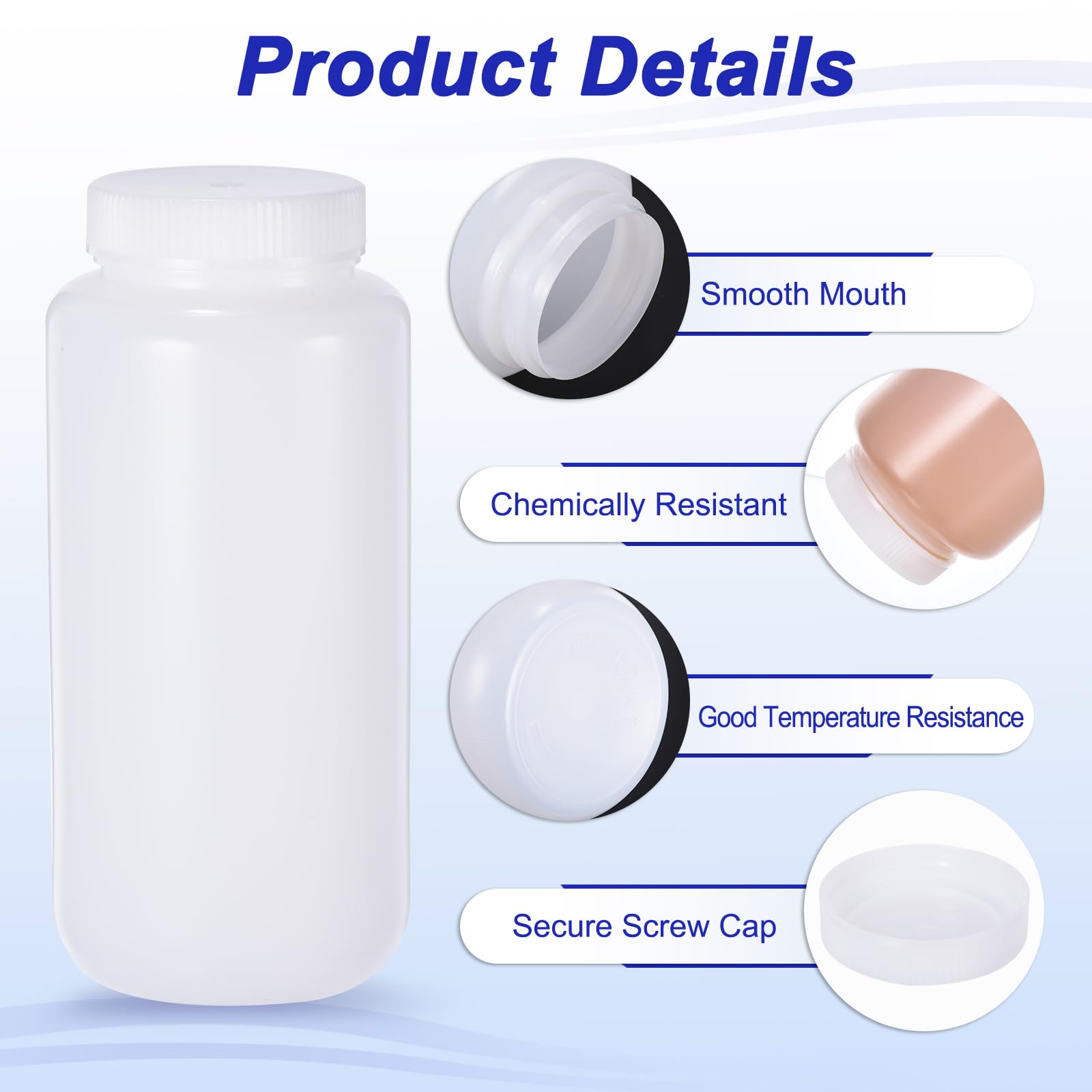 PATIKIL 5pz Bottiglie 1000ml Reagenti, Bottiglie Tonde Bocca Larga Tappo Vite per Conservare Acqua, Reagenti, Liquidi e Campioni Solidi Laboratorio, Trasparente Bianco