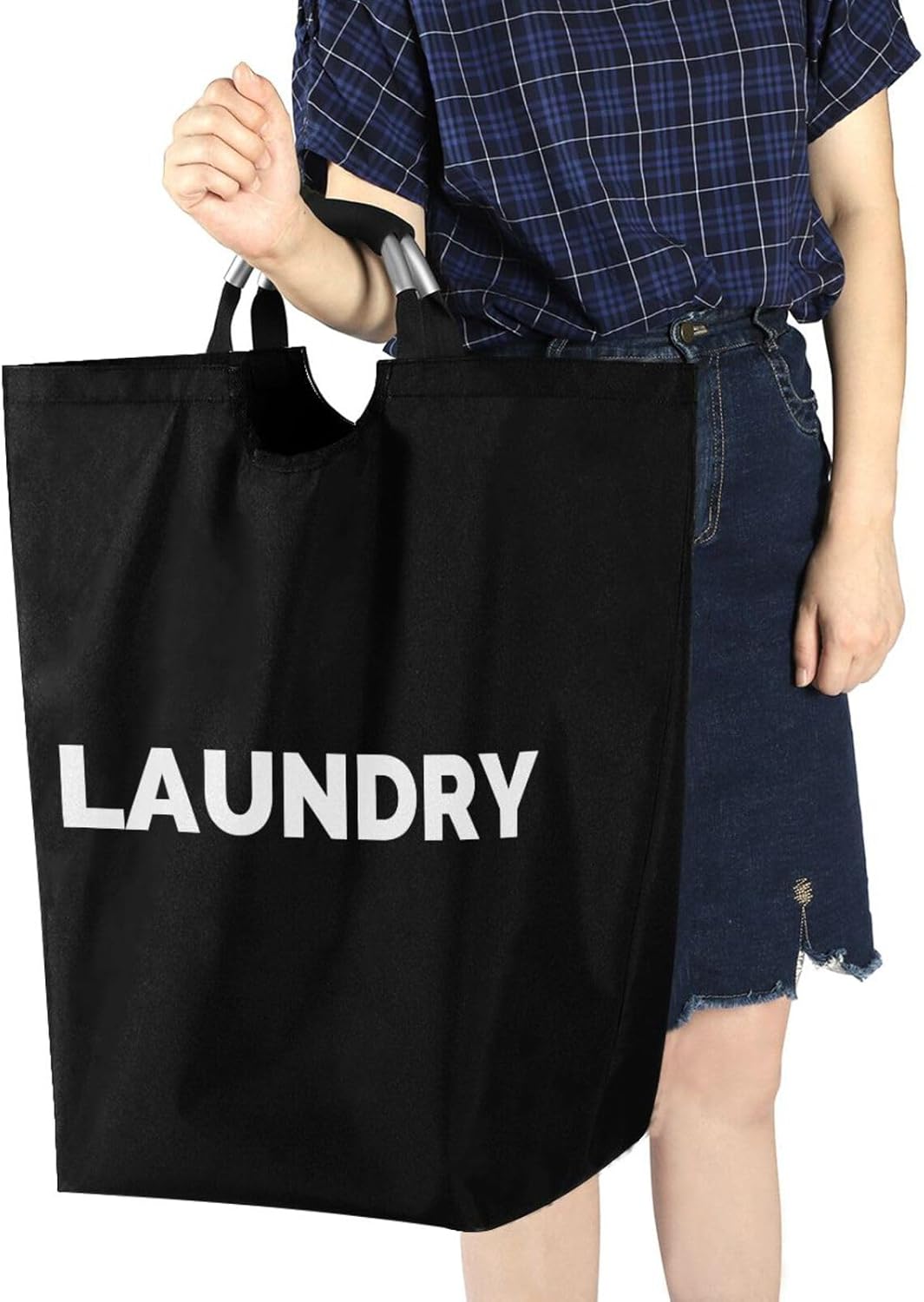 Large Laundry Basket Collapsible Bag Freestanding Tall Clothes Hamper Foldable Washing Bin Family(black)
