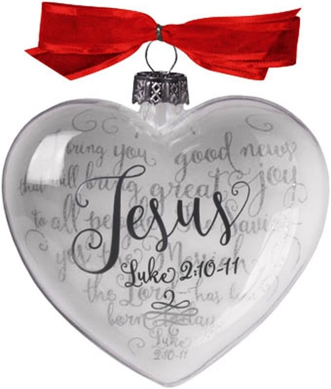 Jesus Luke 2:10-11 Silver Tones 3.5 inch White Glass Heart Shaped Christmas Ornament