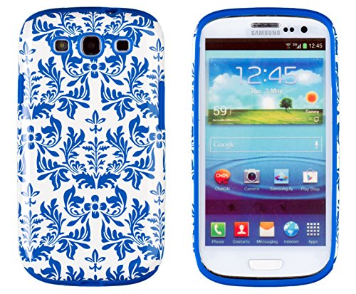DandyCase 2in1 Hybrid High Impact Hard Blue & White Floral Pattern + Silicone Case Cover for Samsung Galaxy S3 i9300 + DandyCase Screen Cleaner