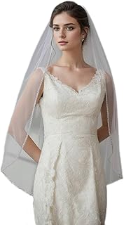 Bride Wedding Veil with Pearls and Crystals Beaded Edge 1 Tier Wedding Veil Bridal